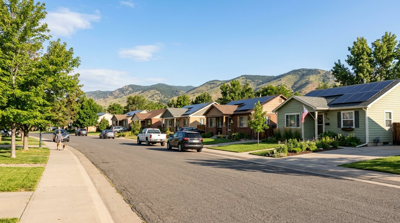 Colorado neighborhood of modest single-family homes with rooftop solar panels under a clear Front Range sky