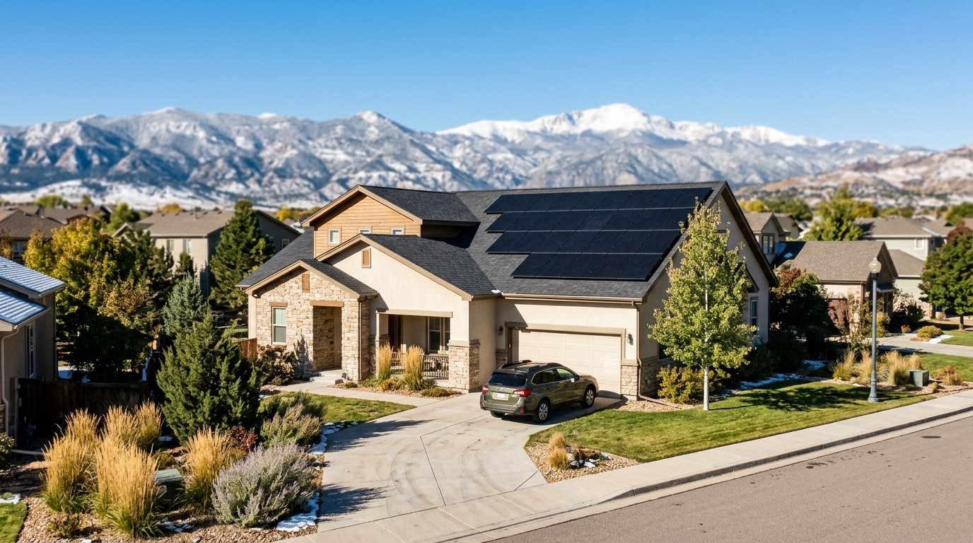 Front Range Colorado home with rooftop solar panels and a clear blue sky, representing third-party owned residential solar in 2026