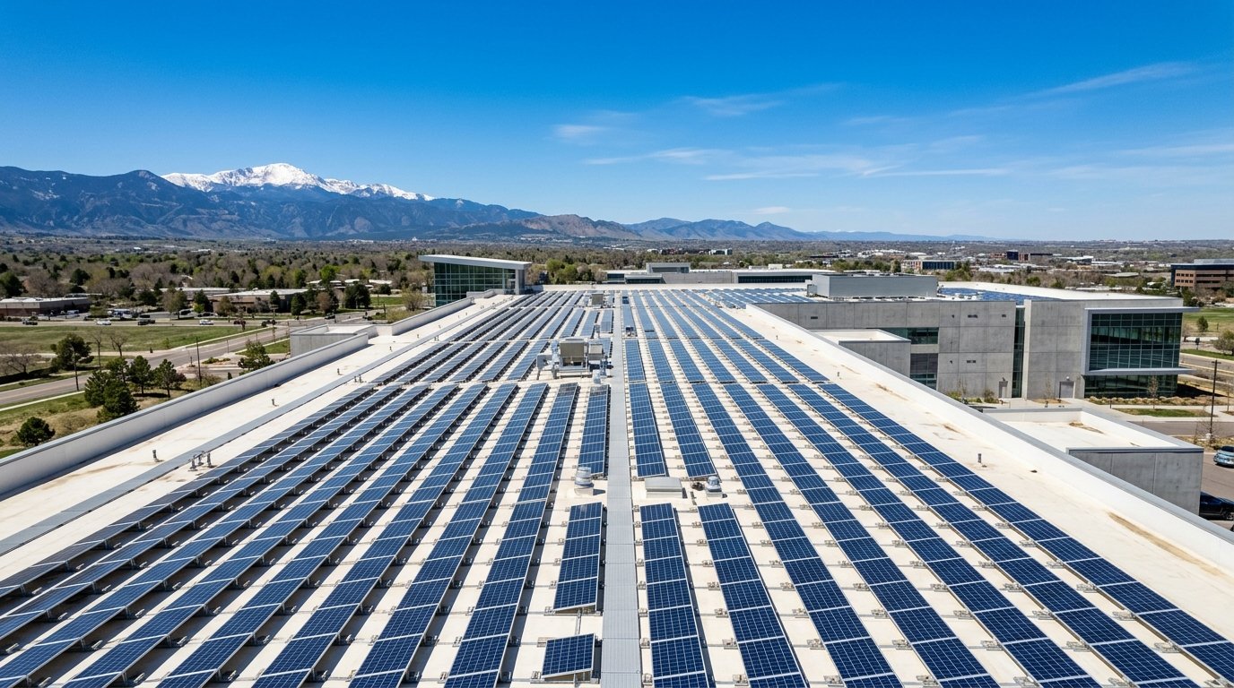 Large commercial rooftop solar array on a Colorado Front Range building under a clear blue sky