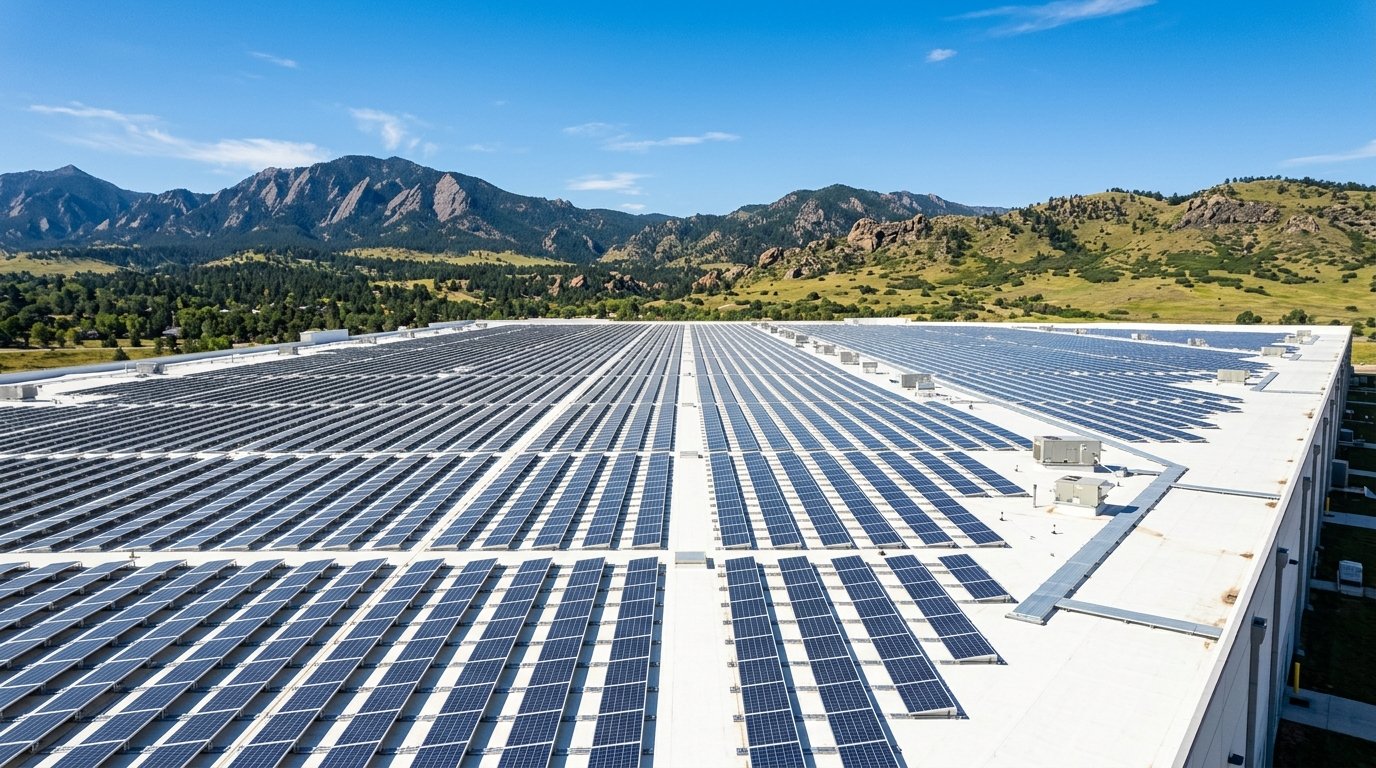Colorado commercial rooftop solar array on a warehouse with the Front Range in the background under a clear blue sky