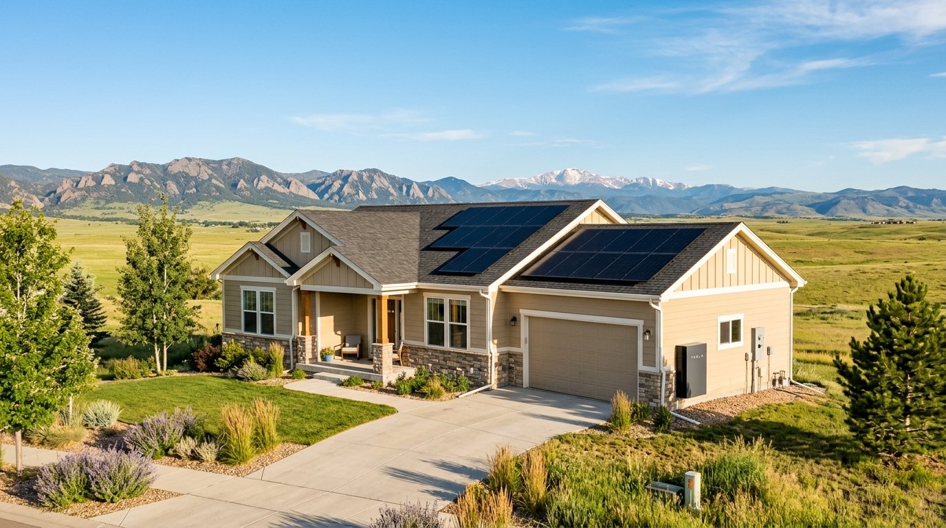 Rooftop solar array on a northern Colorado Front Range home with a home battery system installed in the garage