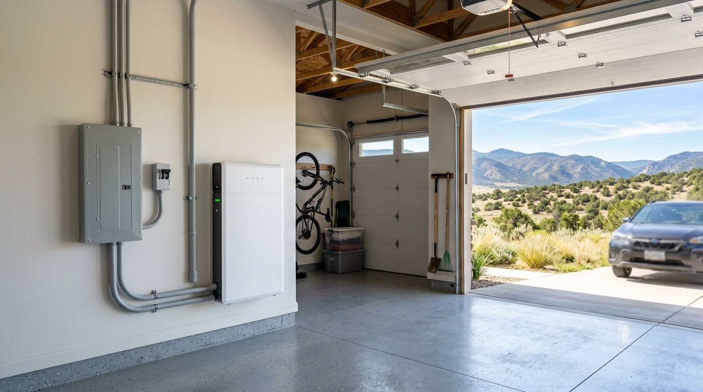 Colorado home with rooftop solar and a wall mounted battery in the garage on a clear Front Range day