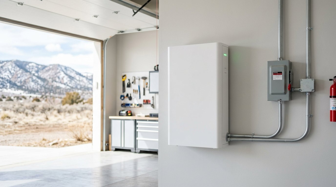 Wall mounted home battery storage unit installed in a garage at a Colorado Front Range house with daylight from an open door