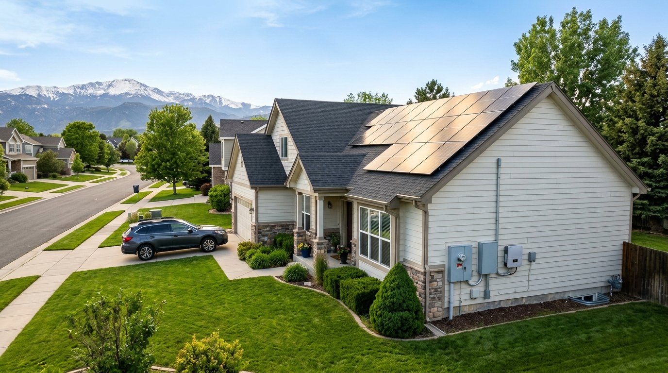 Front Range Colorado home with rooftop solar panels and a utility meter under bright blue sky