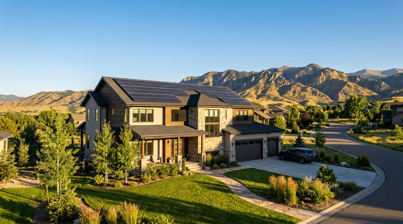 Colorado Front Range home with rooftop solar panels at golden hour as evening light hits the foothills