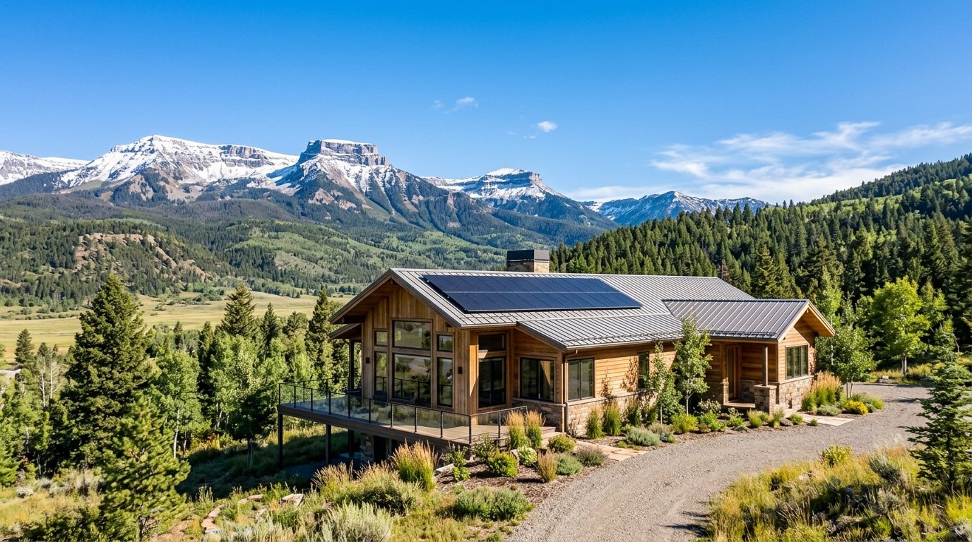 Rooftop solar array on a mountain home near Steamboat Springs in northwest Colorado under a clear sky